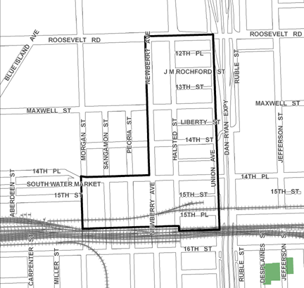 Roosevelt/Union TIF district map, roughly bounded on the north by Roosevelt Road, the Burlington Northern Santa Fe Railway tracks south of 15th Place on the south, Union Avenue on the east, and Morgan Street on the west.